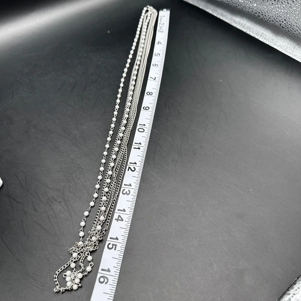Vintage 90s White Bead Multi Strand Silver Tone Chain Necklace Layered Jewelry